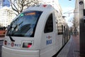 Modern metro train in a metropolitan city station in Portland, USA