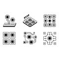 Modern Microchip Technology Isometric Black and White Line Art Illustrations of Integrated Circuits and Processors Royalty Free Stock Photo