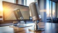 Modern microphone and computer screen on a desk in a bright room. Generative AI Royalty Free Stock Photo