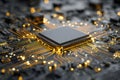 Modern microprocessor on a circuit board glowing with bright yellow lights showcasing advanced technology and intricate electronic Royalty Free Stock Photo