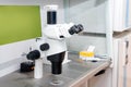 Modern microscope in biotech lab. Equipment in laboratory of Fertilization.