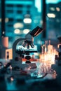 Modern microscope in a city laboratory at night Royalty Free Stock Photo