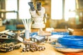 Modern microscope, electronic components in a scientific laboratory