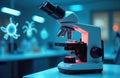Modern microscope setup in lab. Scientific tech research in biology. Equipment for scientific study. Microscopic view of cells in Royalty Free Stock Photo