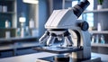 A modern microscope stands on a laboratory table, ready for scientific research, against a blurred backdrop of lab shelves Royalty Free Stock Photo