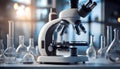 A modern microscope stands on a laboratory table, ready for scientific research, against a blurred backdrop of lab shelves Royalty Free Stock Photo