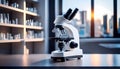 A modern microscope stands on a laboratory table, ready for scientific research, against a blurred backdrop of lab shelves Royalty Free Stock Photo