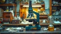 .Modern microscope stands on the table, scientific research, modern medicine concept. Royalty Free Stock Photo