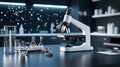 modern microscope and various glass laboratory equipment are displayed on sleek lab table creating sophisticated scientific Royalty Free Stock Photo