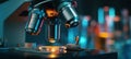 The modern microscope with vibrant lighting in a laboratory setting. AI generated image Royalty Free Stock Photo