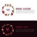 Modern middle eastern menu banner set in sketch style with Kebab, Dolma, Shakshuka, shisha. Freehand vector doodles