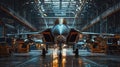 Modern military fighter jet in assembly hangar - aerospace engineering and manufacturing Royalty Free Stock Photo