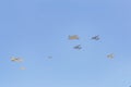 Modern military planes flys in formation through the sky Royalty Free Stock Photo