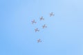 Modern military planes flys in formation through the sky Royalty Free Stock Photo