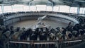 Modern milking process with big industrial machine on farmland robotic cowshed