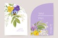 Modern minimal Art Deco wedding vector Invitation set. Boho violet pansy violet card template Royalty Free Stock Photo