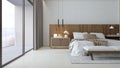 Modern minimal bedroom with terrace. Royalty Free Stock Photo