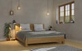 Modern minimal comfortable bedroom interior design with comfy wooden bed Royalty Free Stock Photo