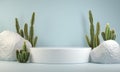 Modern Minimal Empty Podium Display Shelves Cactus Blue Pastel Backgrounds 3d Rendering