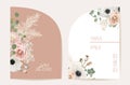 Modern minimal floral wedding vector Invitation set. Boho anemone, pampas grass, rose card template