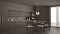 Modern minimal gray kitchen with wooden floor, classic interior