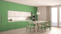 Modern minimal green kitchen with wooden floor, classic interior