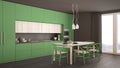 Modern minimal green kitchen with wooden floor, classic interior