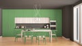 Modern minimal green kitchen with wooden floor, classic interior