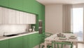 Modern minimal green kitchen with wooden floor, classic interior