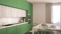Modern minimal green kitchen with wooden floor, classic interior