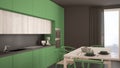 Modern minimal green kitchen with wooden floor, classic interior