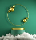 Modern Minimal Green Podium Stage And Gold Primitive Geometric Shape With White Cloud Background 3d Render