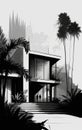 Modern minimal house and palm trees black and white illustration