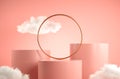 Modern Minimal Step Pink Podium With White Cloud And Gold Ring Abstract Background 3d Render
