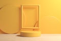 Modern Minimal Yellow Podium On Wood Floor With Frame Abstract Background 3d Render