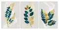 Modern minimalism illustration . golden and turquoise tree branches leaves on light background. pattern dots and lines Royalty Free Stock Photo