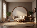 Modern minimalism living room interior design with empty circle wall mockup background. Luxury home concept featuring a Royalty Free Stock Photo
