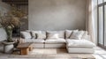 Modern minimalism meets comfort, neutral tones, plush cushions, and elegant simplicity