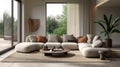 Modern minimalism meets comfort, neutral tones, plush cushions, and elegant simplicity