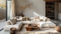 Modern minimalism meets comfort, neutral tones, plush cushions, and elegant simplicity