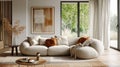 Modern minimalism meets comfort, neutral tones, plush cushions, and elegant simplicity