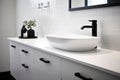 Modern minimalism style bathroom interior in black and white tones. Generative AI Royalty Free Stock Photo