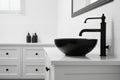 Modern minimalism style bathroom interior in black and white tones. Generative AI Royalty Free Stock Photo