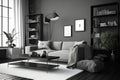 Modern minimalism style drawing-room interior with monochrome color palette Royalty Free Stock Photo