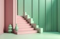 a modern, minimalist aesthetic with a pink staircase and two green vases against a contrasting green wall, ai genertive