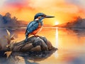 Watercolor illustration of cute kingfisher