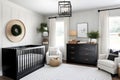 modern minimalist baby nursery room with hanging lamp in farmhouse black and white style