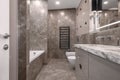Modern minimalist bathroom beige interior design with marble tiles and glossy beige furniture.