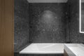 Modern minimalist bathroom dark interior design with dark stone tiles and wood furniture Royalty Free Stock Photo