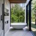 3 A modern, minimalist bathroom with a freestanding tub, floating vanity, and floor-to-ceiling windows5, Generative AI Royalty Free Stock Photo